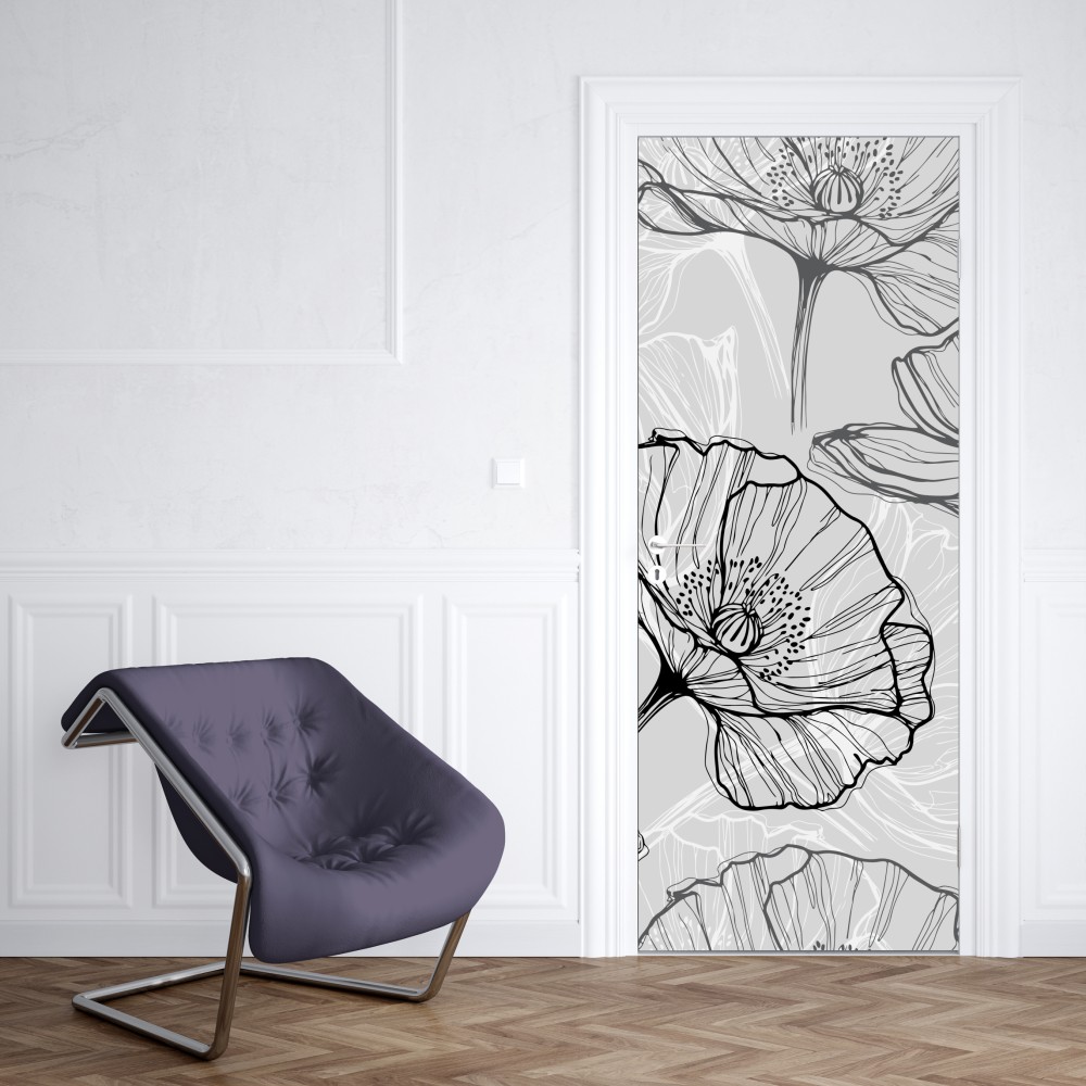 Türaufkleber zarter grauer mohn in linienzeichnung – Wallnifity® Türaufkleber zarter grauer mohn in linienzeichnung – Wallnifity®
