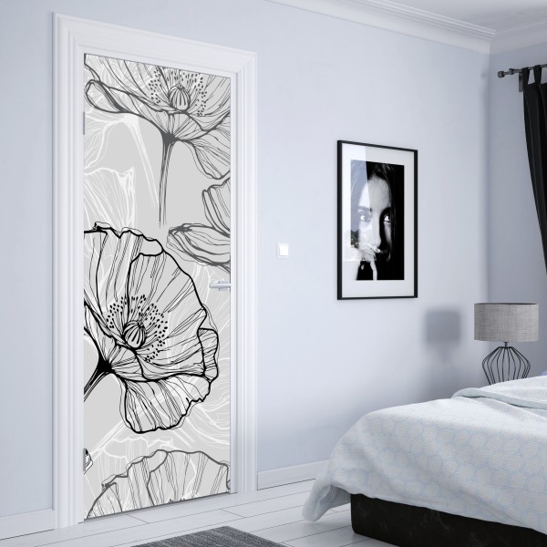 Türaufkleber zarter grauer mohn in linienzeichnung – Wallnifity® Türaufkleber zarter grauer mohn in linienzeichnung – Wallnifity®