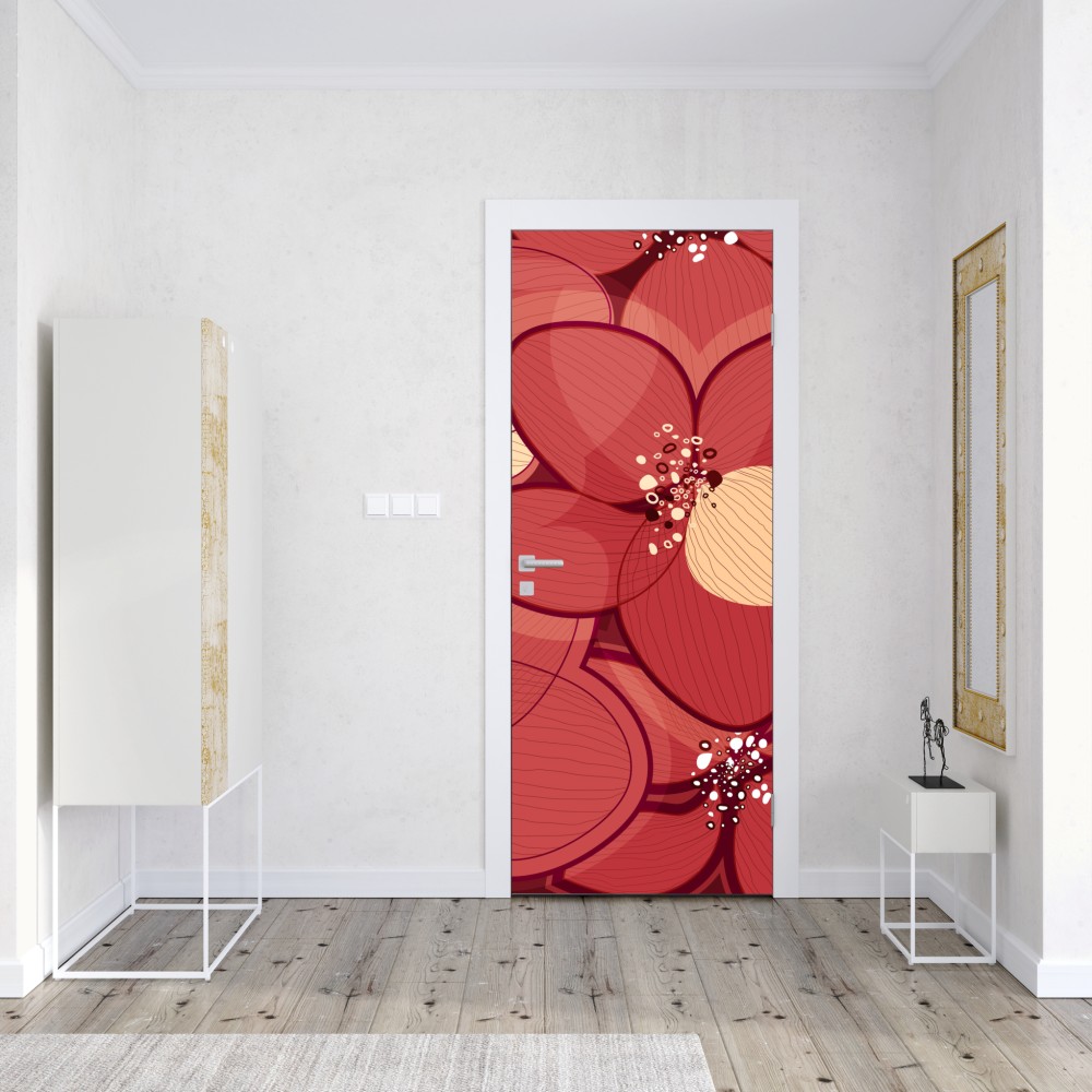Türaufkleber rotes blumenmuster mit beigen mittelpunkten – Wallnifity® Türaufkleber rotes blumenmuster mit beigen mittelpunkten – Wallnifity®