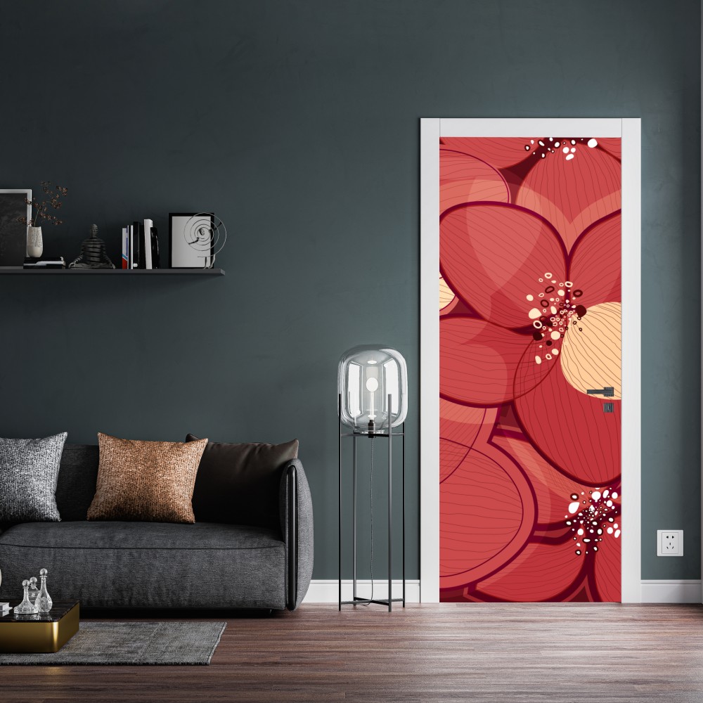 Türaufkleber rotes blumenmuster mit beigen mittelpunkten – Wallnifity® Türaufkleber rotes blumenmuster mit beigen mittelpunkten – Wallnifity®