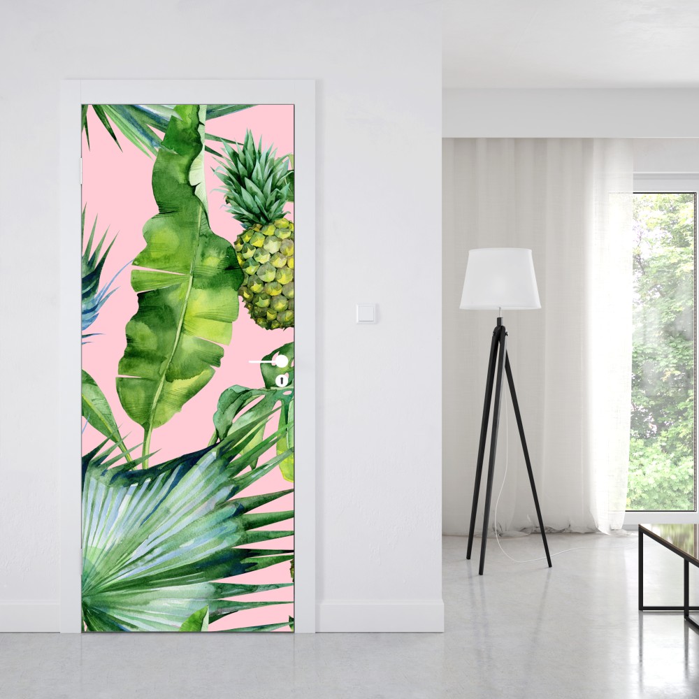 Türaufkleber tropisches ananas- und blattmuster in aquarell auf rosa hintergrund – Wallnifity® Türaufkleber tropisches ananas- und blattmuster in aquarell auf rosa hintergrund – Wallnifity®