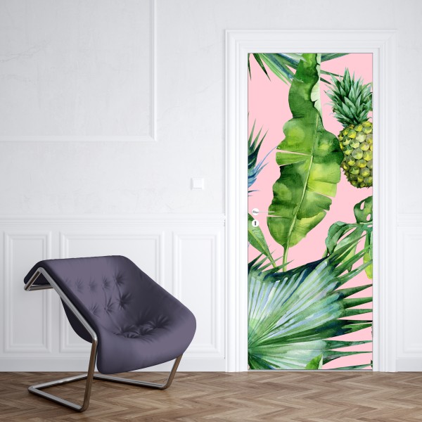 Türaufkleber tropisches ananas- und blattmuster in aquarell auf rosa hintergrund – Wallnifity® Türaufkleber tropisches ananas- und blattmuster in aquarell auf rosa hintergrund – Wallnifity®