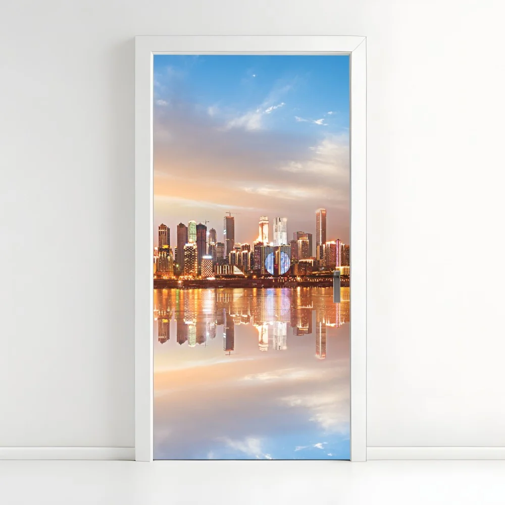 Türaufkleber stadtsilhouette im spiegelbild bei dämmerung – Wallnifity® Türaufkleber stadtsilhouette im spiegelbild bei dämmerung – Wallnifity®