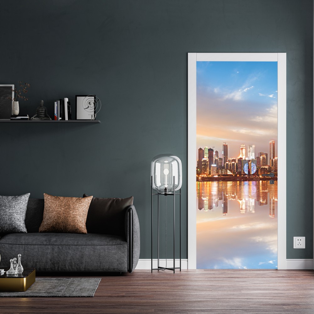 Türaufkleber stadtsilhouette im spiegelbild bei dämmerung – Wallnifity® Türaufkleber stadtsilhouette im spiegelbild bei dämmerung – Wallnifity®