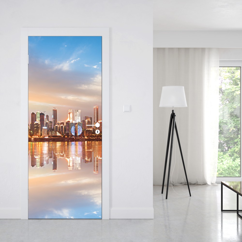 Türaufkleber stadtsilhouette im spiegelbild bei dämmerung – Wallnifity® Türaufkleber stadtsilhouette im spiegelbild bei dämmerung – Wallnifity®