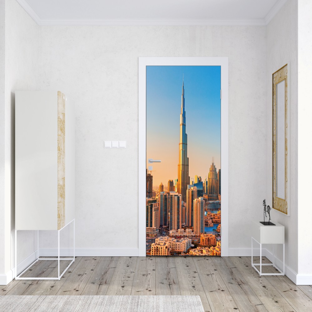 Türaufkleber Dubai skyline in der goldenen stunde – Wallnifity® Türaufkleber Dubai skyline in der goldenen stunde – Wallnifity®