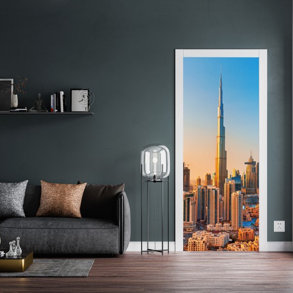 Türaufkleber Dubai skyline in der goldenen stunde – Wallnifity® Türaufkleber Dubai skyline in der goldenen stunde – Wallnifity®