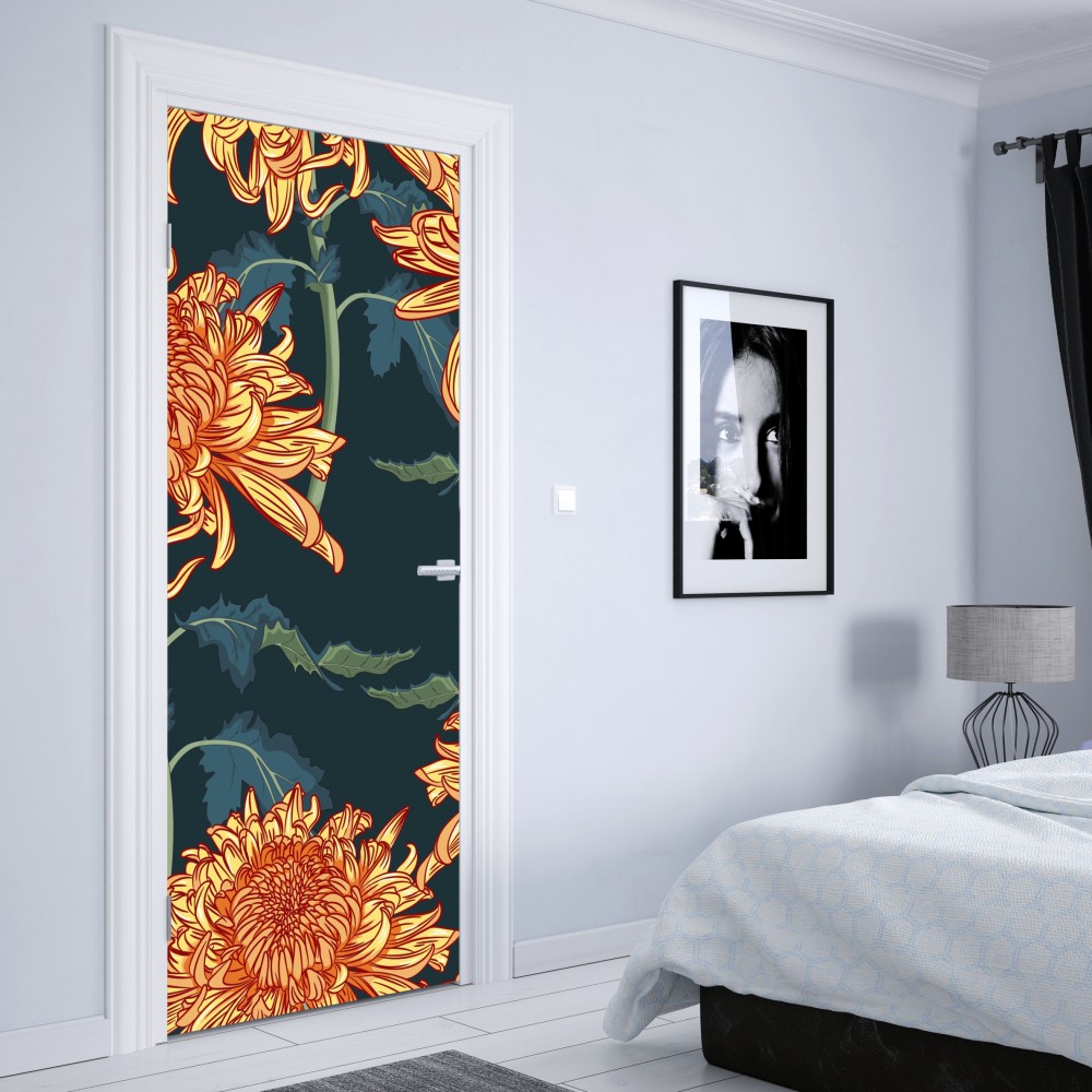 Türaufkleber goldene chrysantheme botanisches muster – Wallnifity® Türaufkleber goldene chrysantheme botanisches muster – Wallnifity®