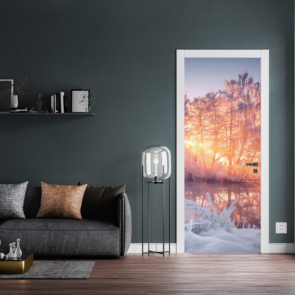 Türaufkleber winterlicher sonnenaufgang über zugefrorenem fluss – Wallnifity® Türaufkleber winterlicher sonnenaufgang über zugefrorenem fluss – Wallnifity®