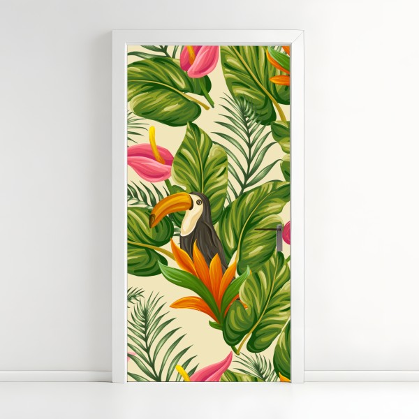Türaufkleber rosa papagei und chrysantheme - botanisches motiv – Wallnifity®
