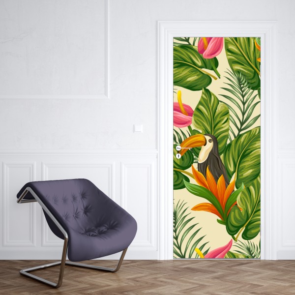 Türaufkleber rosa papagei und chrysantheme - botanisches motiv – Wallnifity®