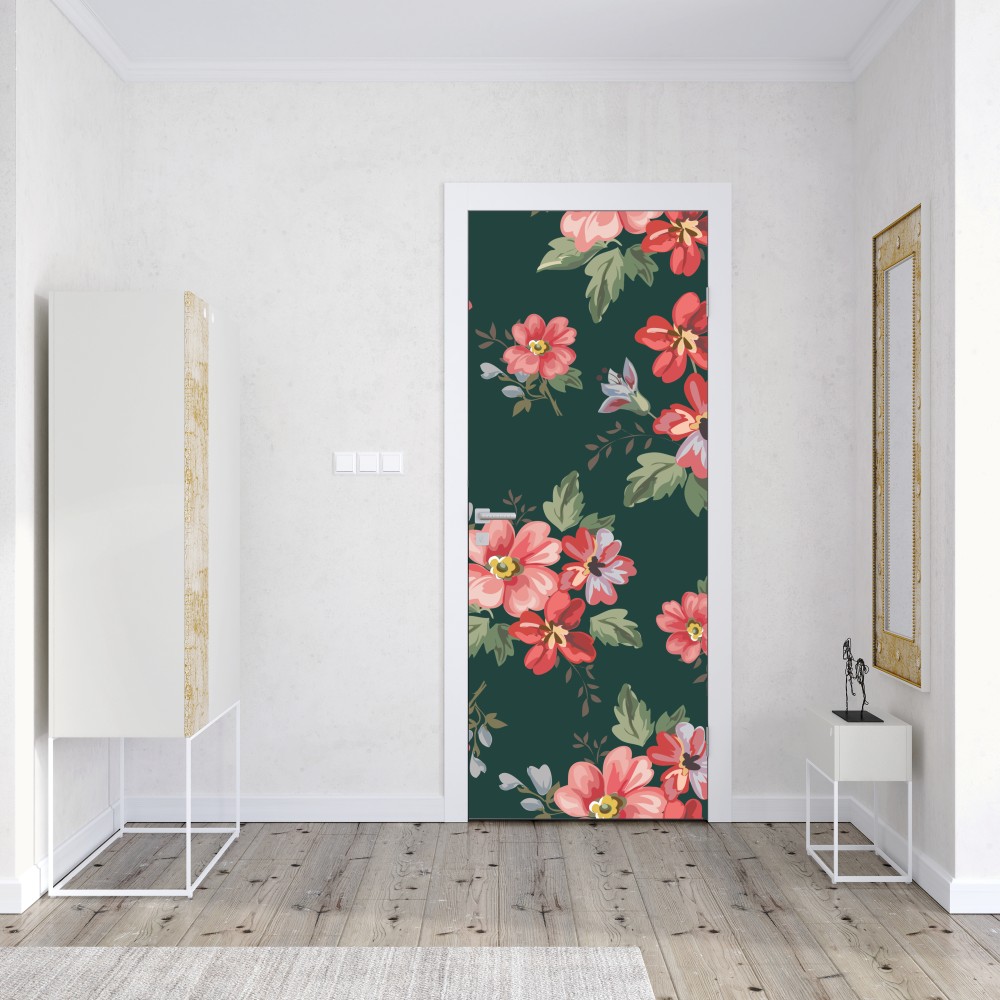 Türaufkleber vintage rosa blumenmuster auf tiefgrün – Wallnifity® Türaufkleber vintage rosa blumenmuster auf tiefgrün – Wallnifity®