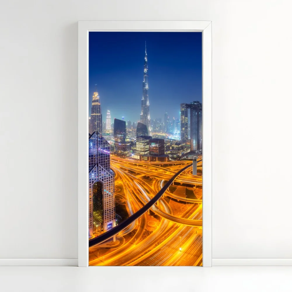 Türaufkleber panorama der nächtlichen skyline von Dubai – Wallnifity® Türaufkleber panorama der nächtlichen skyline von Dubai – Wallnifity®