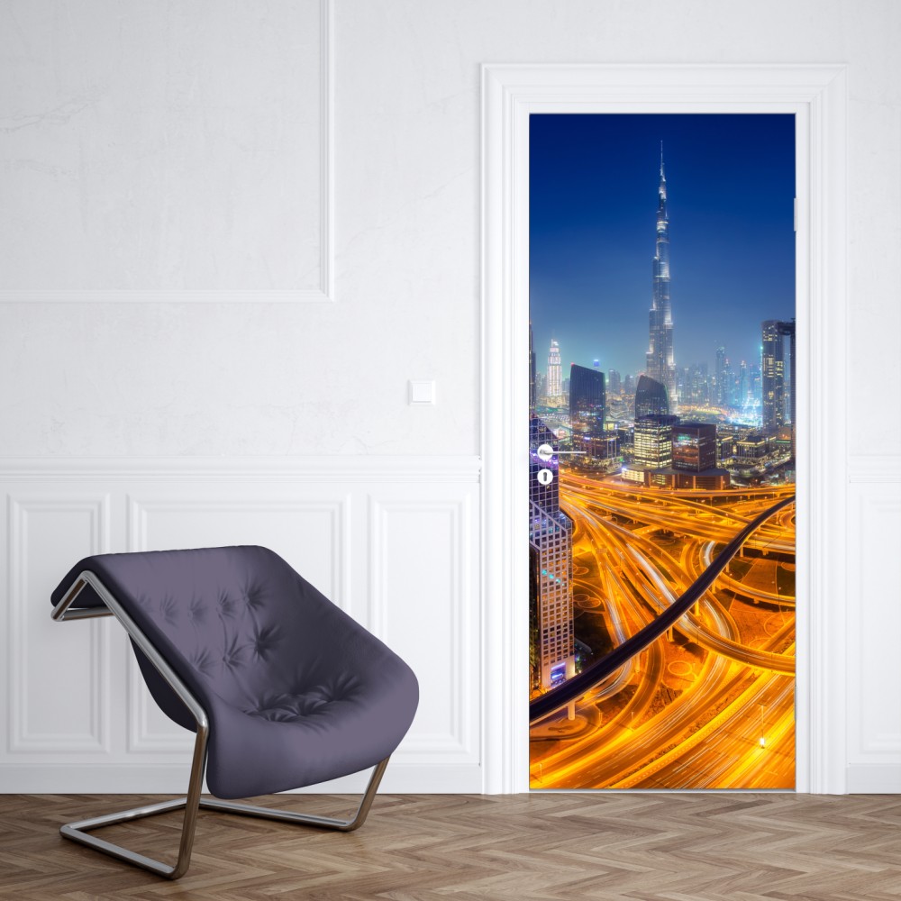 Türaufkleber panorama der nächtlichen skyline von Dubai – Wallnifity® Türaufkleber panorama der nächtlichen skyline von Dubai – Wallnifity®