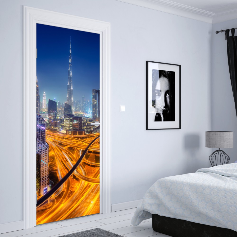 Türaufkleber panorama der nächtlichen skyline von Dubai – Wallnifity® Türaufkleber panorama der nächtlichen skyline von Dubai – Wallnifity®