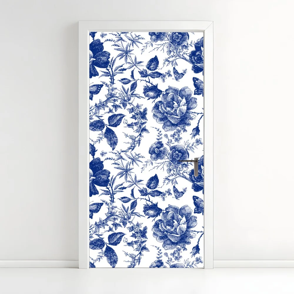 Türaufkleber blaues blumen toile-muster – Wallnifity®