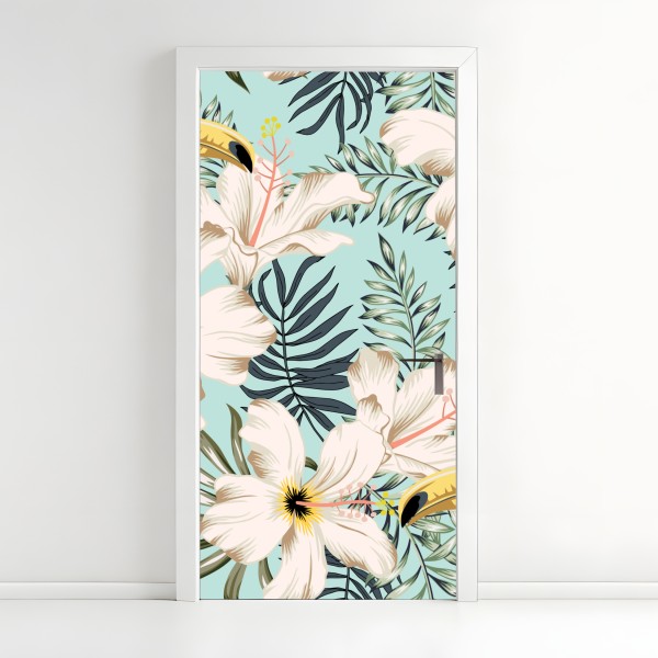Türaufkleber rosa papagei und chrysantheme - botanisches motiv – Wallnifity®