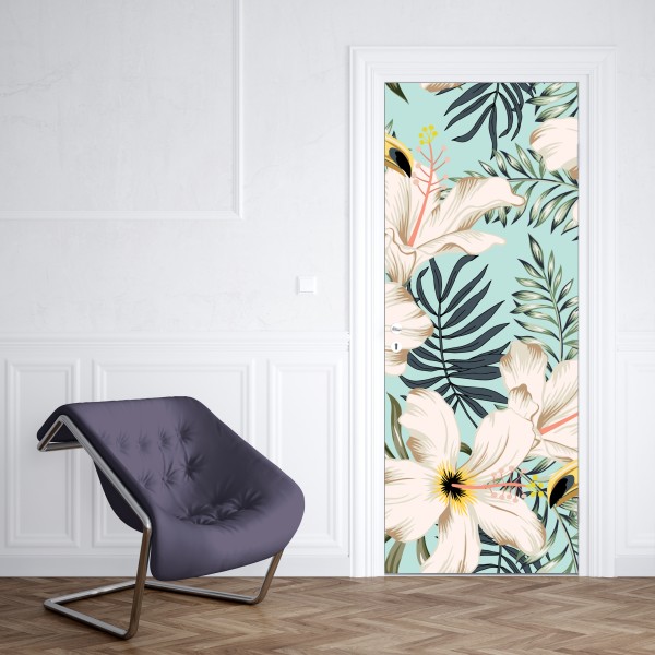 Türaufkleber rosa papagei und chrysantheme - botanisches motiv – Wallnifity®