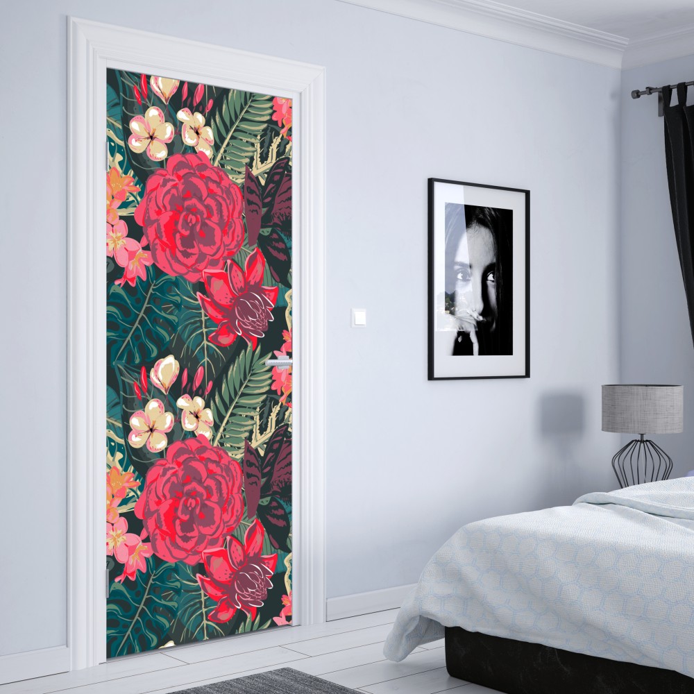 Türaufkleber tropisches blumenmuster in rosa und türkis – Wallnifity® Türaufkleber tropisches blumenmuster in rosa und türkis – Wallnifity®