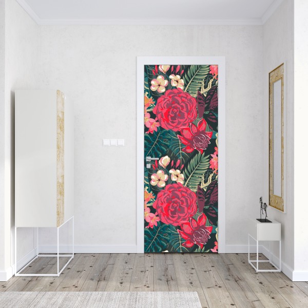 Türaufkleber tropisches blumenmuster in rosa und türkis – Wallnifity® Türaufkleber tropisches blumenmuster in rosa und türkis – Wallnifity®