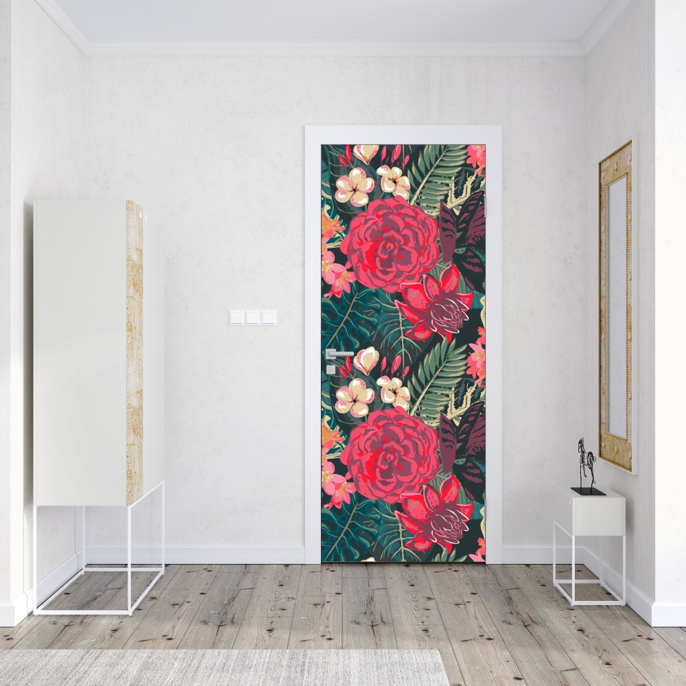 Türaufkleber tropisches blumenmuster in rosa und türkis – Wallnifity® Türaufkleber tropisches blumenmuster in rosa und türkis – Wallnifity®