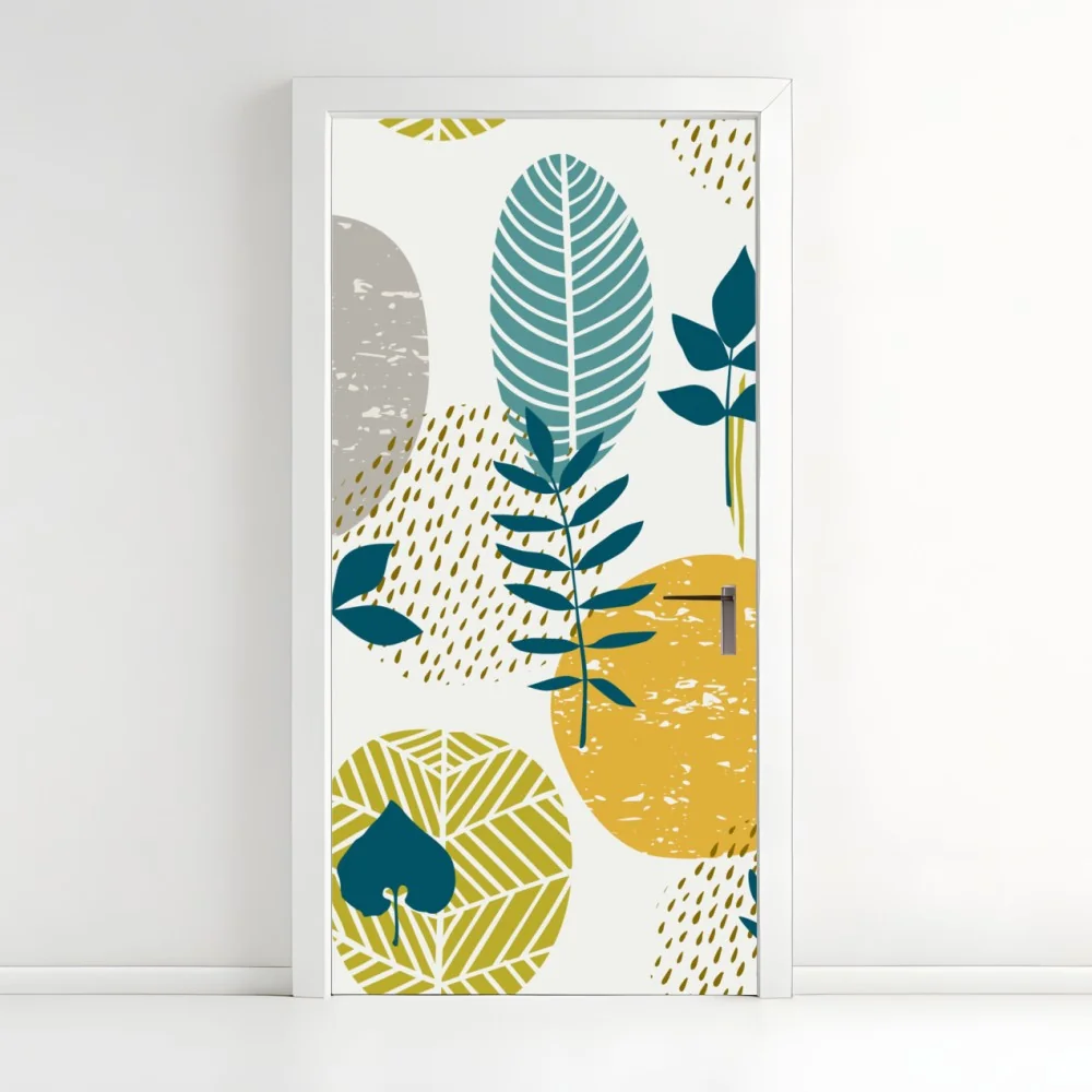 Türaufkleber türkis-senfgelbes botanisches muster – Wallnifity® Türaufkleber türkis-senfgelbes botanisches muster – Wallnifity®