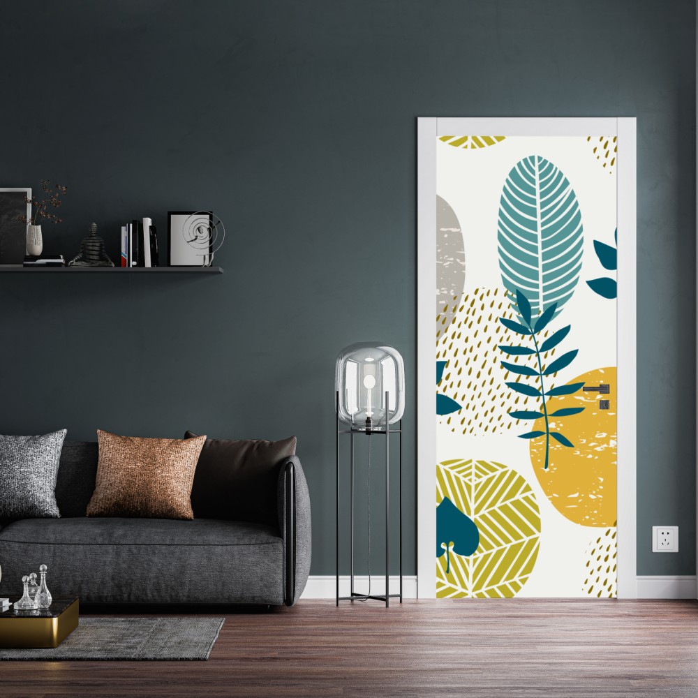 Türaufkleber türkis-senfgelbes botanisches muster – Wallnifity® Türaufkleber türkis-senfgelbes botanisches muster – Wallnifity®