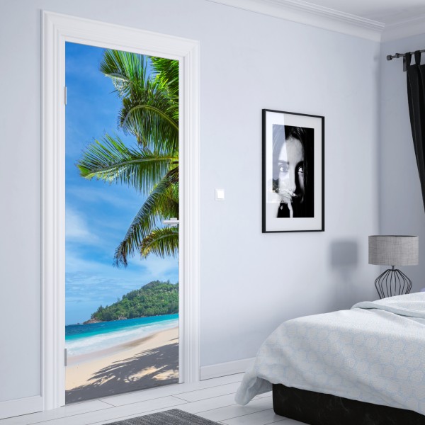 Türaufkleber tropischer sonnenuntergang am strand mit palmensilhouetten – Wallnifity®