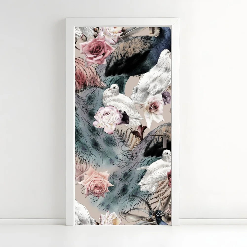 Türaufkleber aquarellmuster mit vögeln und rosen – Wallnifity® Türaufkleber aquarellmuster mit vögeln und rosen – Wallnifity®