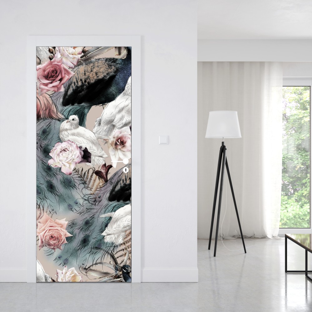 Türaufkleber aquarellmuster mit vögeln und rosen – Wallnifity® Türaufkleber aquarellmuster mit vögeln und rosen – Wallnifity®