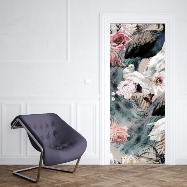 Türaufkleber aquarellmuster mit vögeln und rosen – Wallnifity® Türaufkleber aquarellmuster mit vögeln und rosen – Wallnifity®