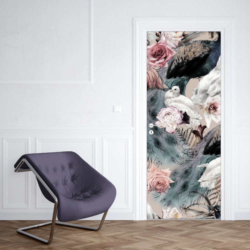 Türaufkleber aquarellmuster mit vögeln und rosen – Wallnifity® Türaufkleber aquarellmuster mit vögeln und rosen – Wallnifity®