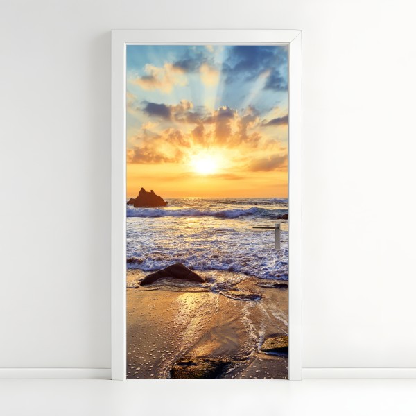 Türaufkleber tropischer sonnenuntergang am strand mit palmensilhouetten – Wallnifity®