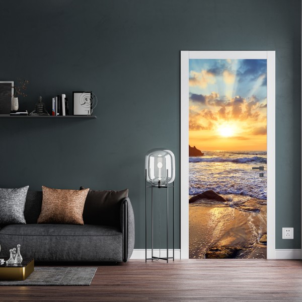 Türaufkleber tropischer sonnenuntergang am strand mit palmensilhouetten – Wallnifity®