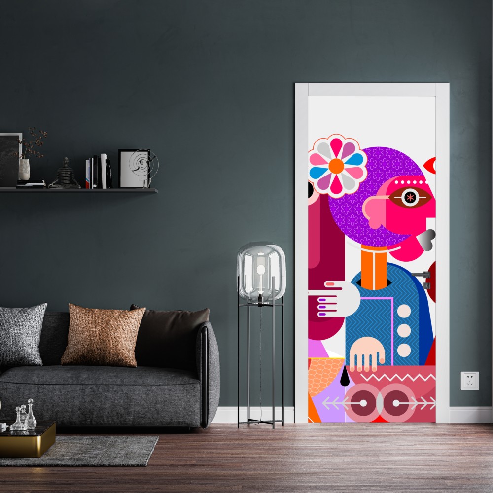 Türaufkleber mann mit regenbogen reitet geometrischen vogel – Wallnifity® Türaufkleber mann mit regenbogen reitet geometrischen vogel – Wallnifity®