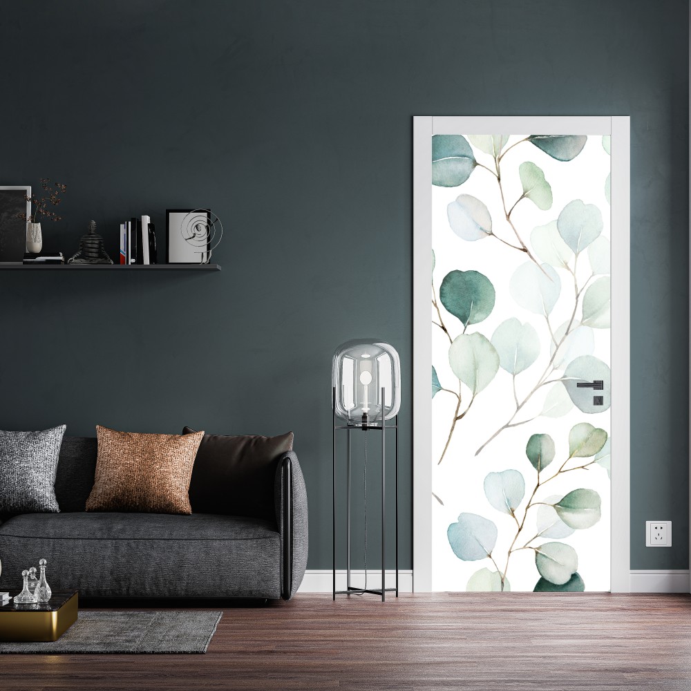 Türaufkleber zarter eukalyptus-aquarell blättermuster – Wallnifity® Türaufkleber zarter eukalyptus-aquarell blättermuster – Wallnifity®