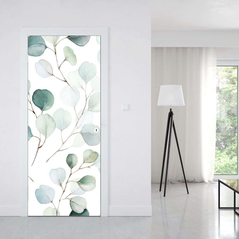 Türaufkleber zarter eukalyptus-aquarell blättermuster – Wallnifity® Türaufkleber zarter eukalyptus-aquarell blättermuster – Wallnifity®