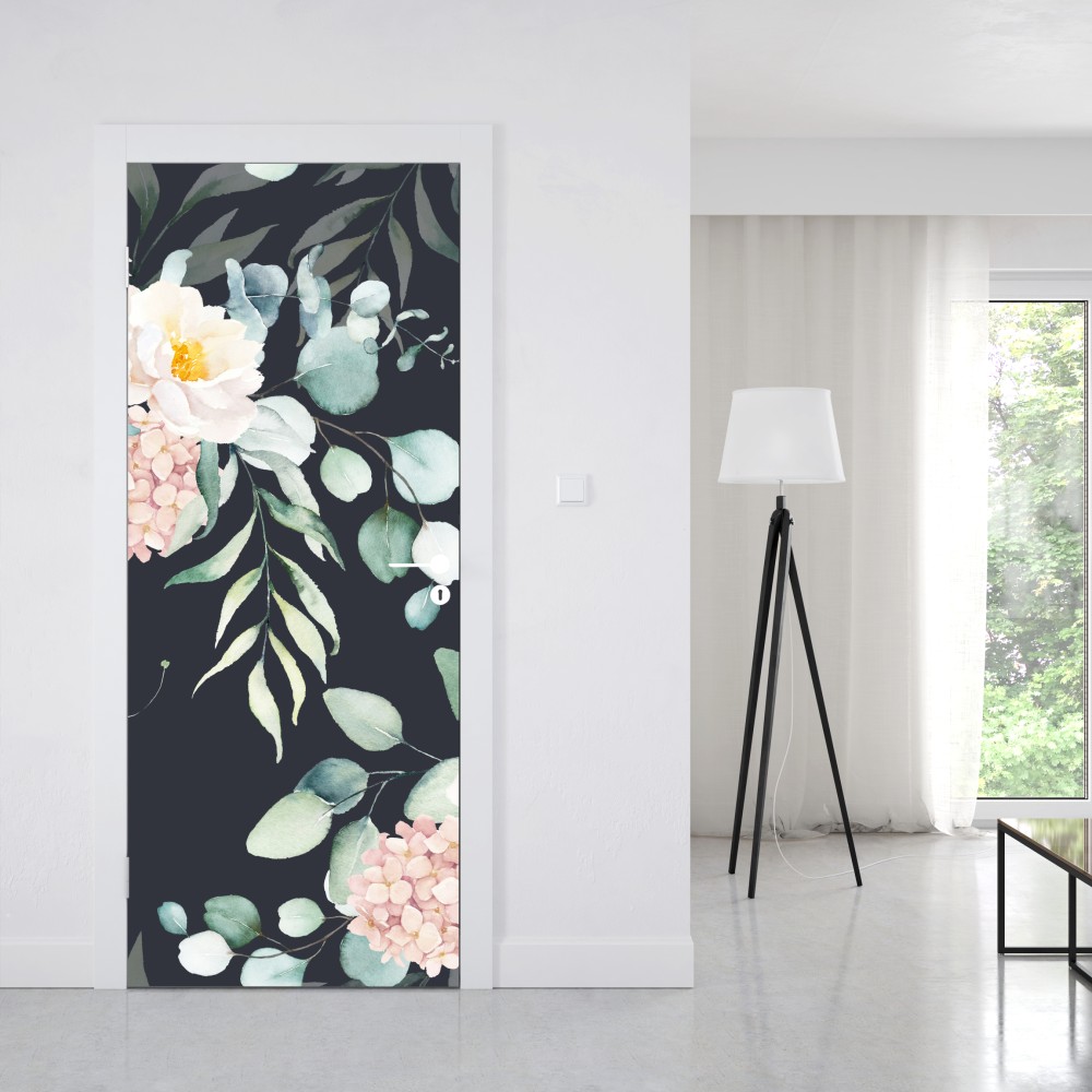 Türaufkleber elegantes aquarell-blumenmuster auf dunklem hintergrund – Wallnifity® Türaufkleber elegantes aquarell-blumenmuster auf dunklem hintergrund – Wallnifity®