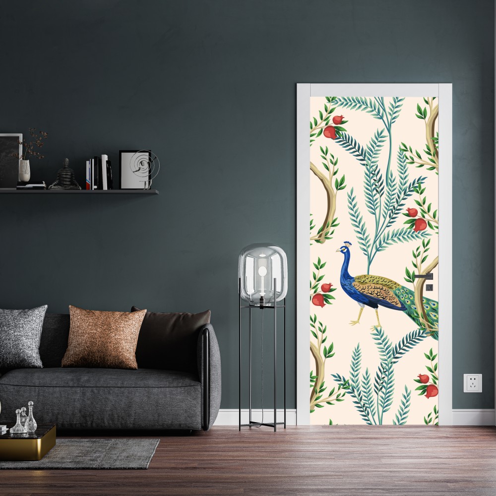 Türaufkleber pfau zwischen granatästen – Wallnifity® Türaufkleber pfau zwischen granatästen – Wallnifity®