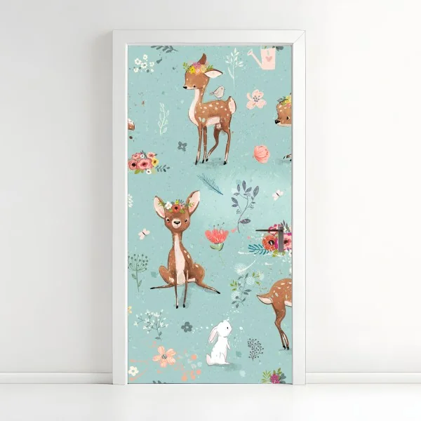 Türaufkleber pastellmuster mit rehkitzen und hasen