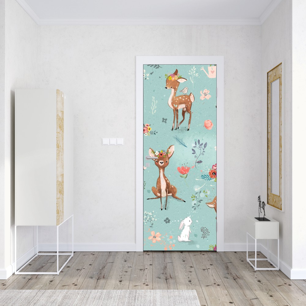 Türaufkleber pastellmuster mit rehkitzen und hasen – Wallnifity® Türaufkleber pastellmuster mit rehkitzen und hasen – Wallnifity®