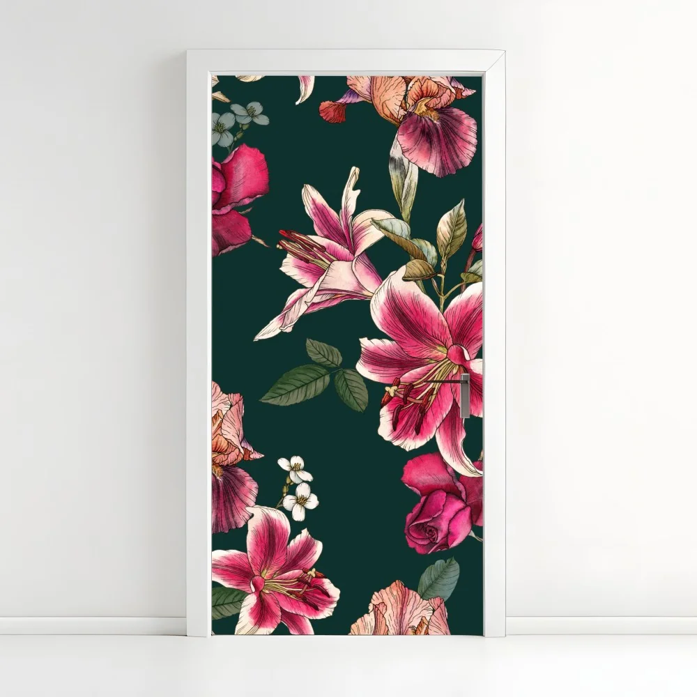 Türaufkleber vintage botanisches floralmuster auf tiefgrün – Wallnifity® Türaufkleber vintage botanisches floralmuster auf tiefgrün – Wallnifity®
