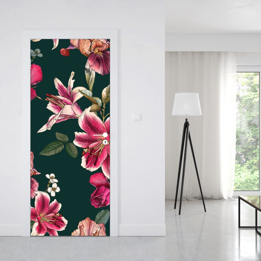 Türaufkleber vintage botanisches floralmuster auf tiefgrün – Wallnifity® Türaufkleber vintage botanisches floralmuster auf tiefgrün – Wallnifity®