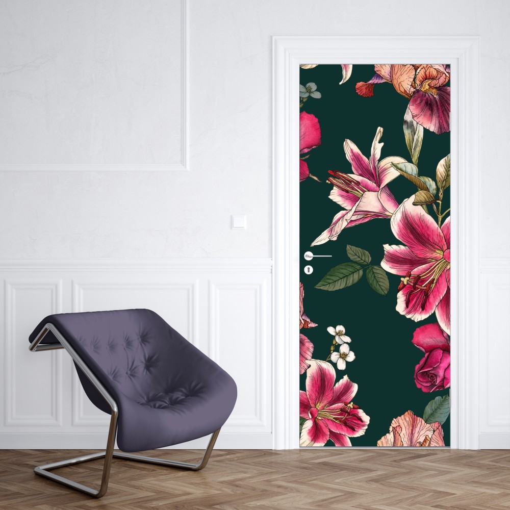 Türaufkleber vintage botanisches floralmuster auf tiefgrün – Wallnifity® Türaufkleber vintage botanisches floralmuster auf tiefgrün – Wallnifity®