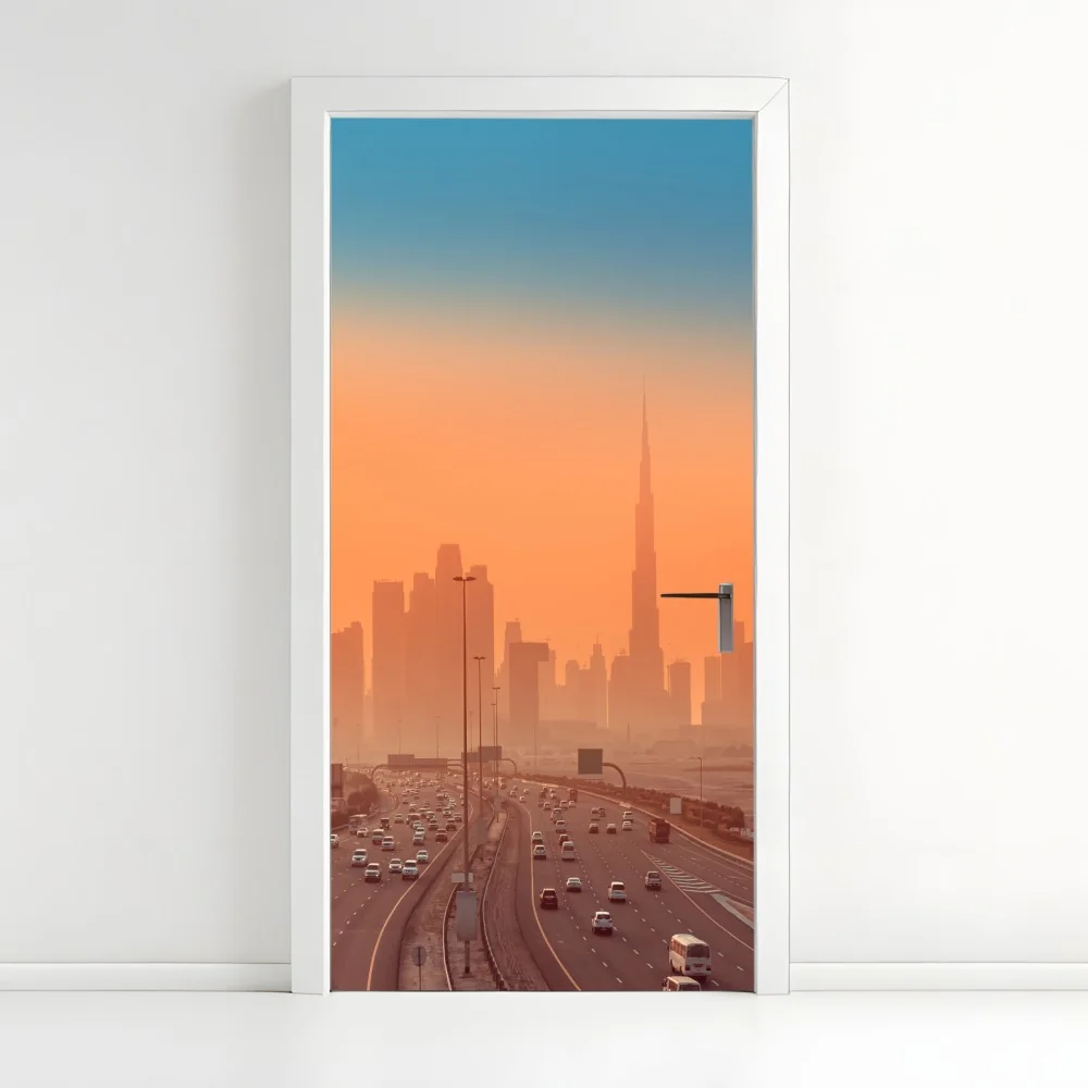 Türaufkleber Dubai skyline bei sonnenaufgang – Wallnifity®