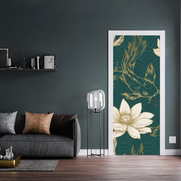 Türaufkleber orientalisches koi- und lotosmuster in türkis und gold – Wallnifity® Türaufkleber orientalisches koi- und lotosmuster in türkis und gold – Wallnifity®