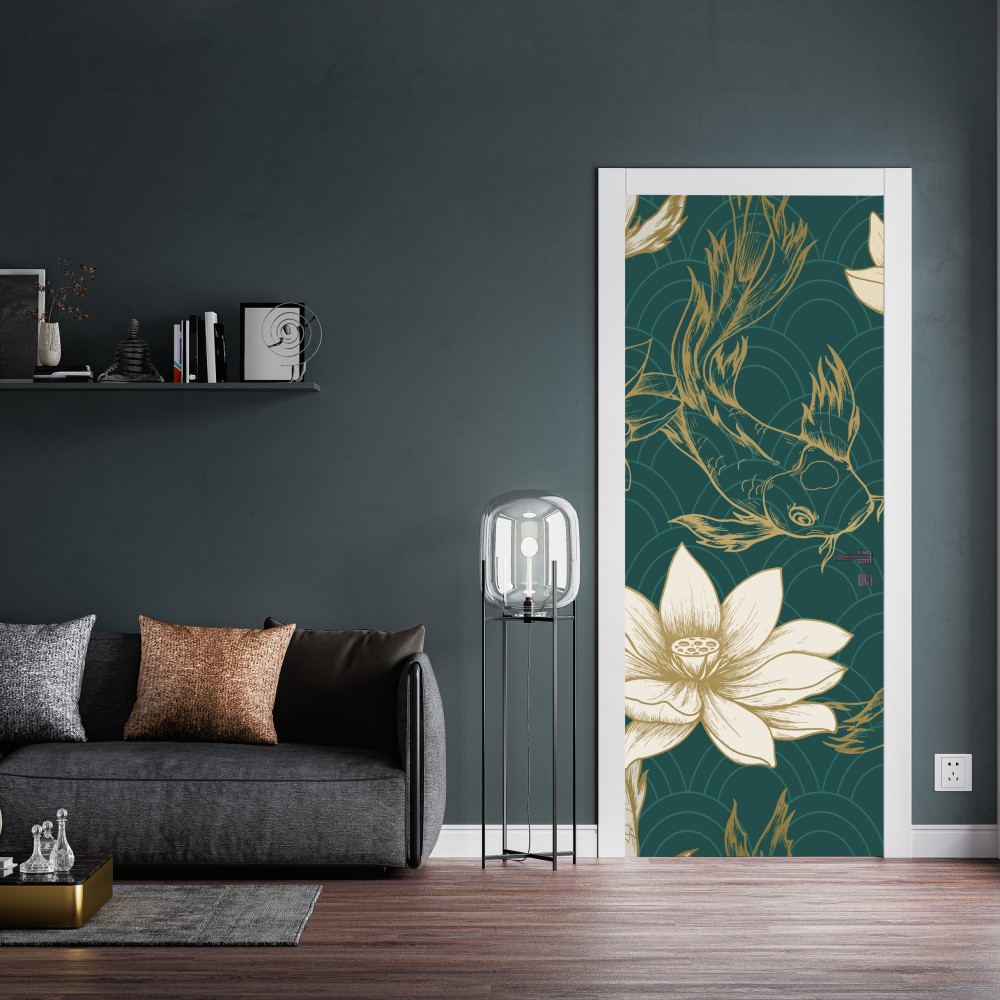 Türaufkleber orientalisches koi- und lotosmuster in türkis und gold – Wallnifity® Türaufkleber orientalisches koi- und lotosmuster in türkis und gold – Wallnifity®