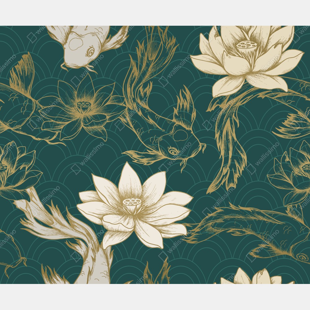 Türaufkleber orientalisches koi- und lotosmuster in türkis und gold – Wallnifity® Türaufkleber orientalisches koi- und lotosmuster in türkis und gold – Wallnifity®