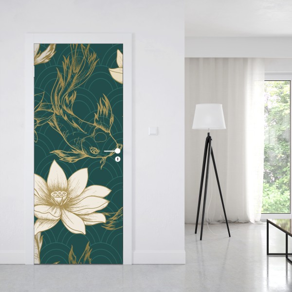 Türaufkleber orientalisches koi- und lotosmuster in türkis und gold – Wallnifity® Türaufkleber orientalisches koi- und lotosmuster in türkis und gold – Wallnifity®