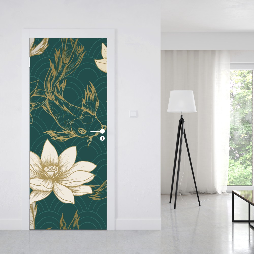 Türaufkleber orientalisches koi- und lotosmuster in türkis und gold – Wallnifity® Türaufkleber orientalisches koi- und lotosmuster in türkis und gold – Wallnifity®